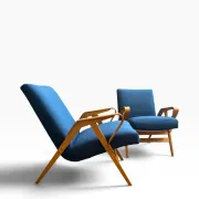 Set of 2 blue lounge chairs restored by František Jirák for Tatra Nabytok.