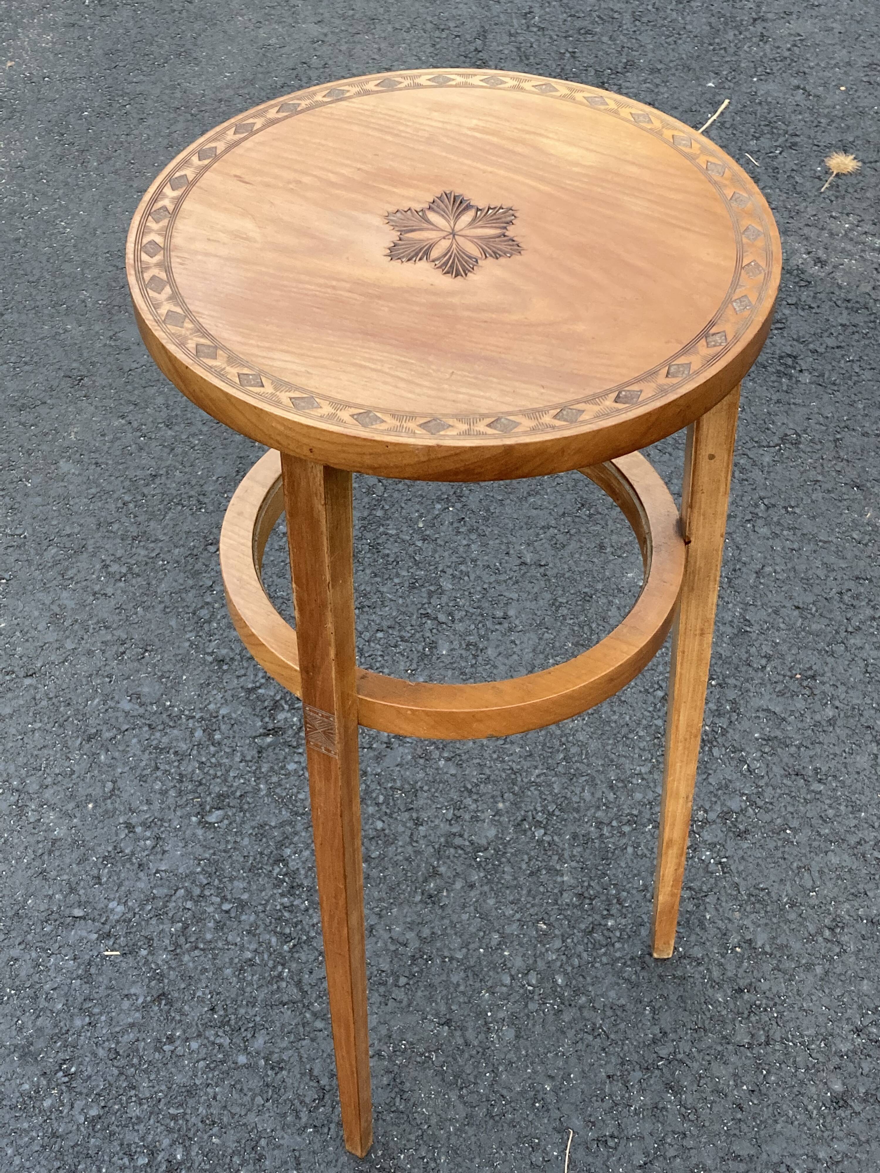 Art Deco Wooden Pedestal Table Carved with Star / Antique Side Table 1930