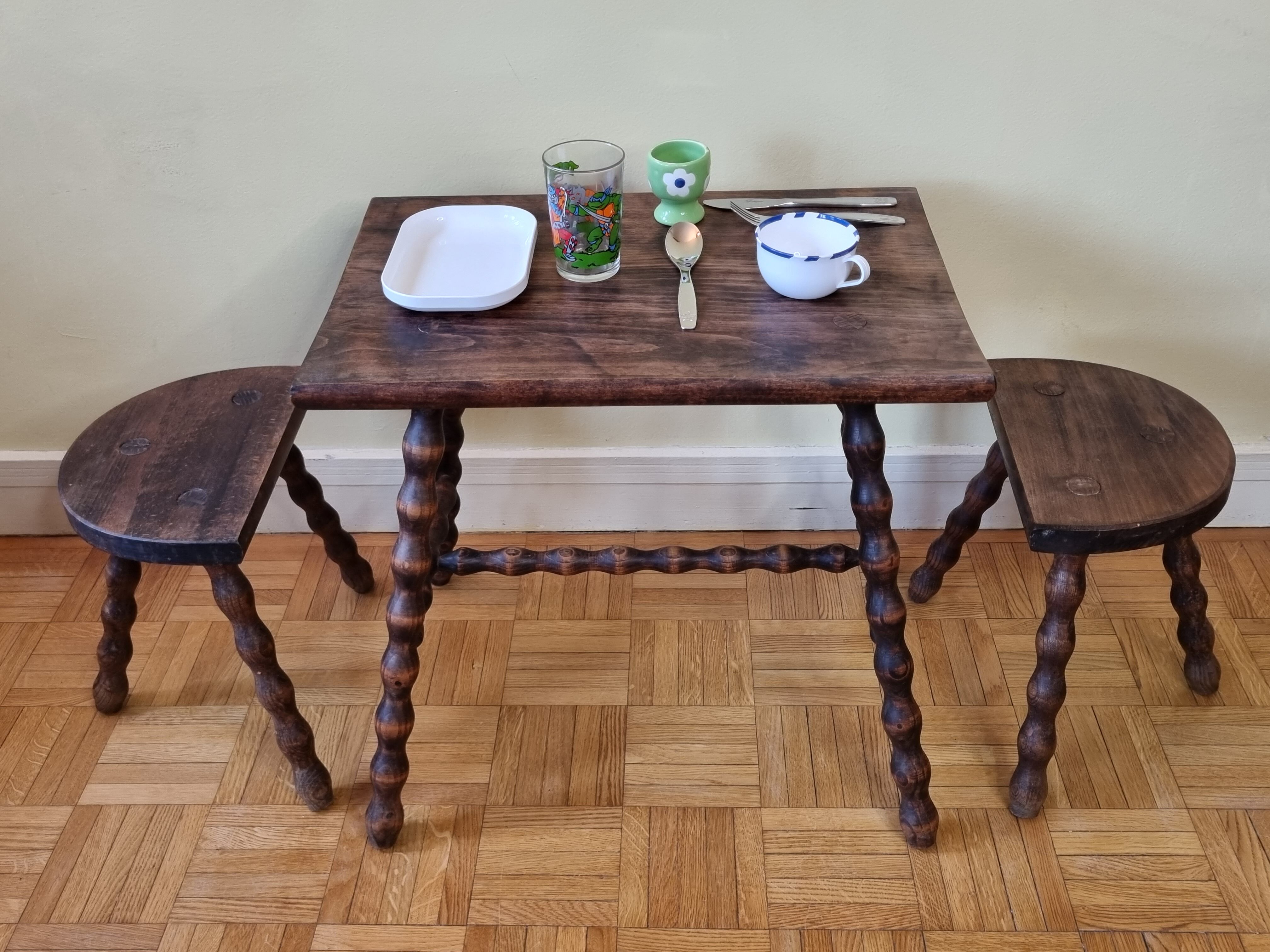Breton style tripod children's table and stools in solid wood