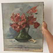 Old painting of a bouquet of poppies, canvas on a flower frame