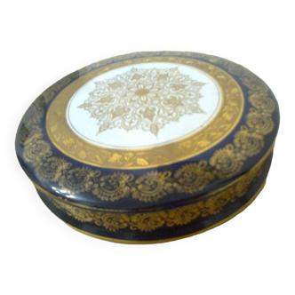Limoges candy box, navy blue, white and gold, imitation lace pattern