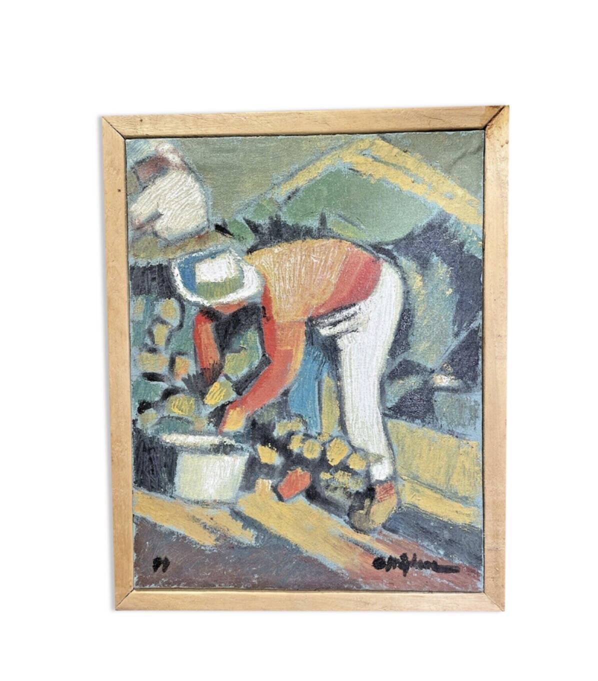 Oil on canvas signed O. Stephane, vintage painting of a grape harvest scene.