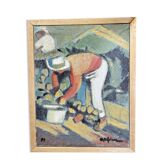Oil on canvas signed O. Stephane, vintage painting of a grape harvest scene.