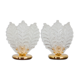 Pair of Italian brass and Murano glass leaf shaped table lamps attr. to Novaresi