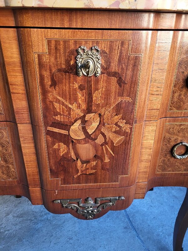 Chest of drawers transition Louis XVl marquetry marble top