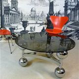 Space Age-style chromed steel round coffee table with glass top, 1960s