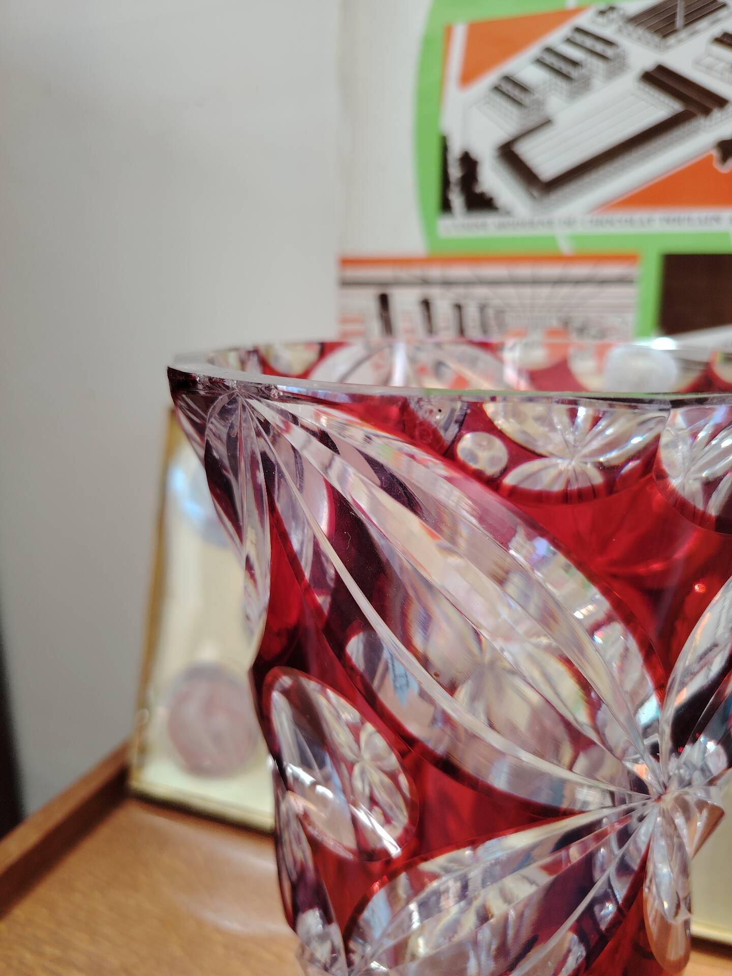 Large ruby red cut crystal vase, handmade, 1960.