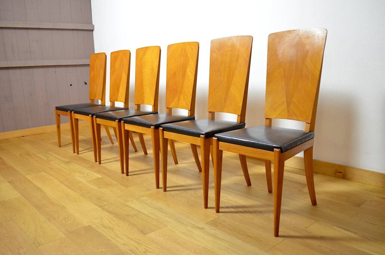 6 Vintage Light Oak Chairs, France 1960