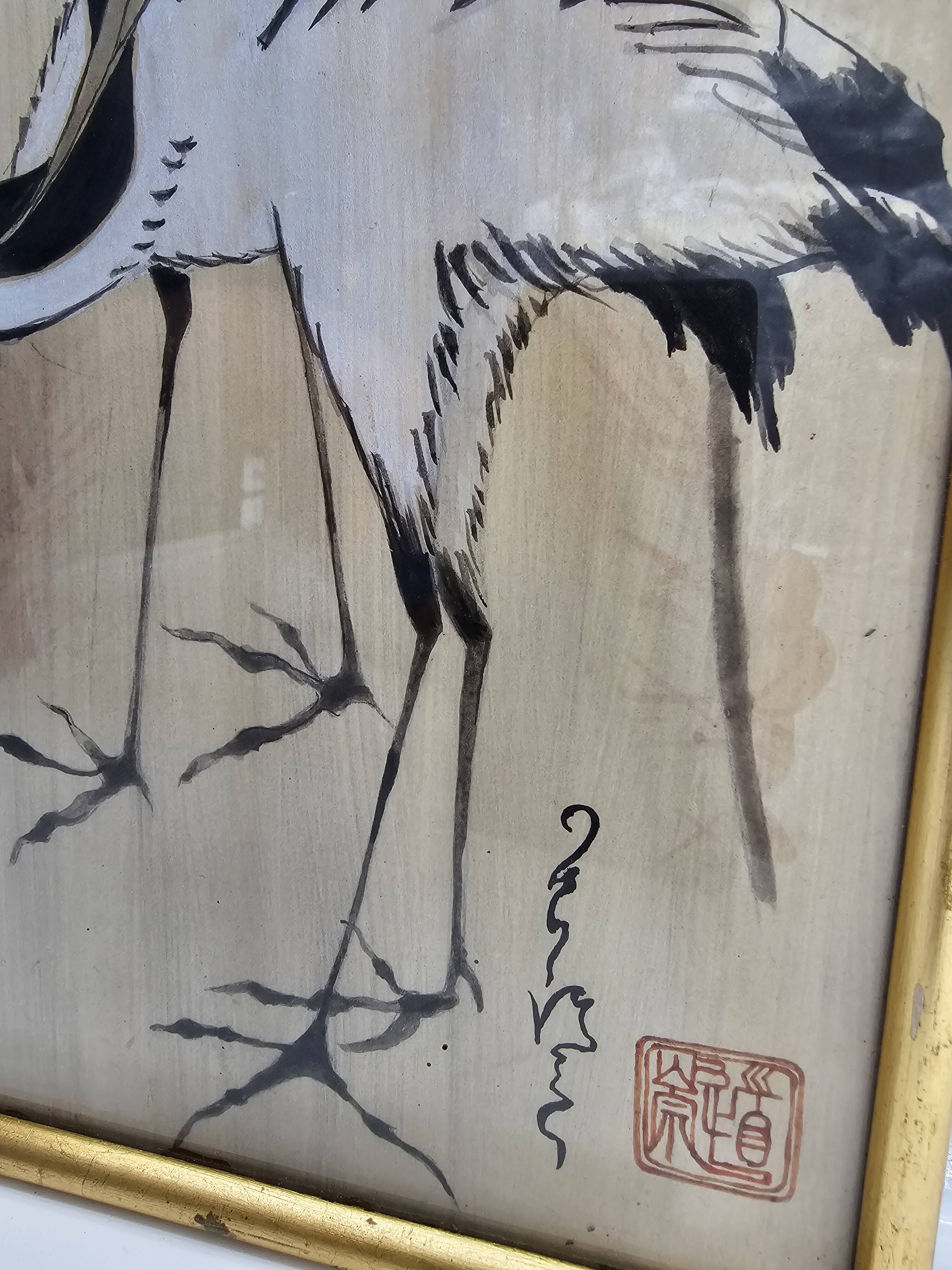 Antique Japanese Silk Painting - The Two Cranes