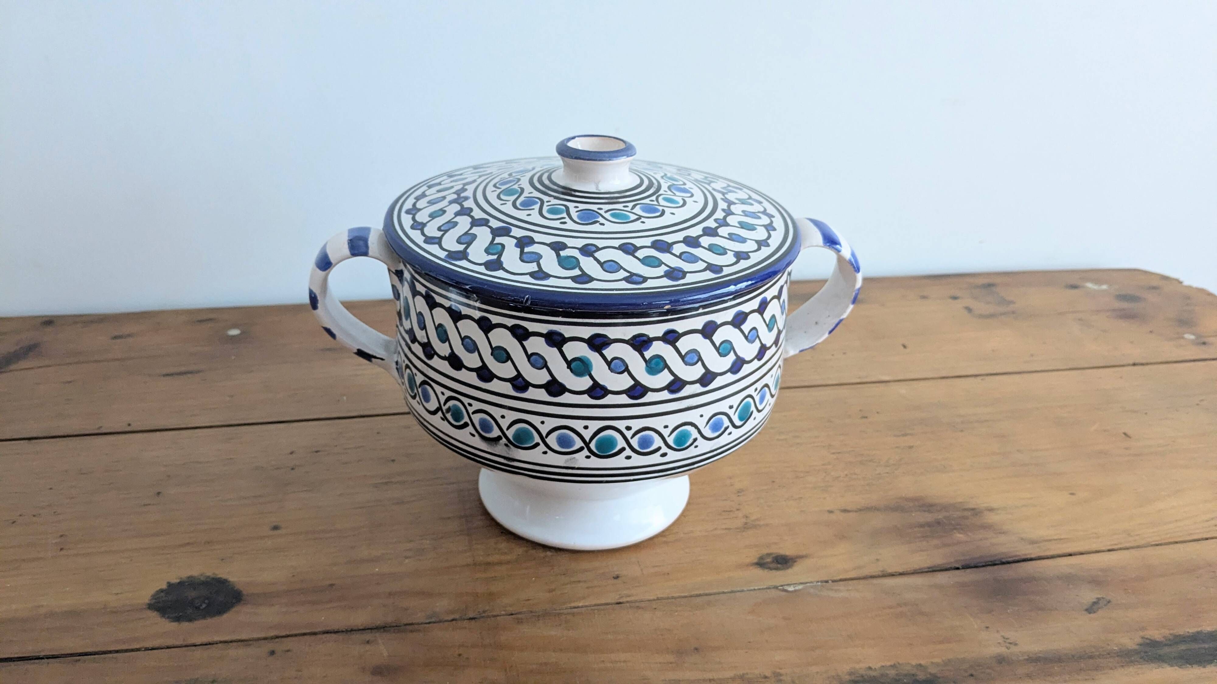 Vintage ceramic soup tureen from Tunisia – 1970s – Blue and t
