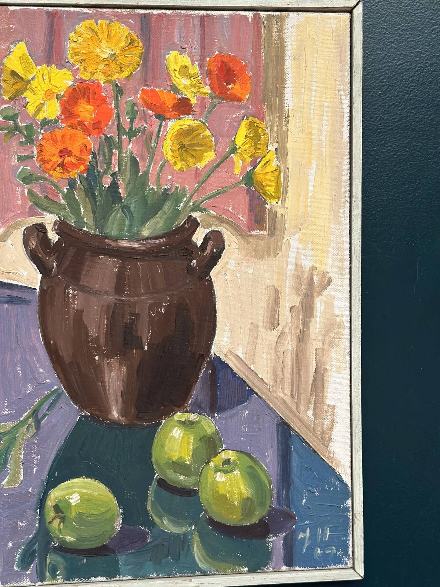 Swedish Oil on Canvas – “Apples and Flowers” – Vintage & Framed