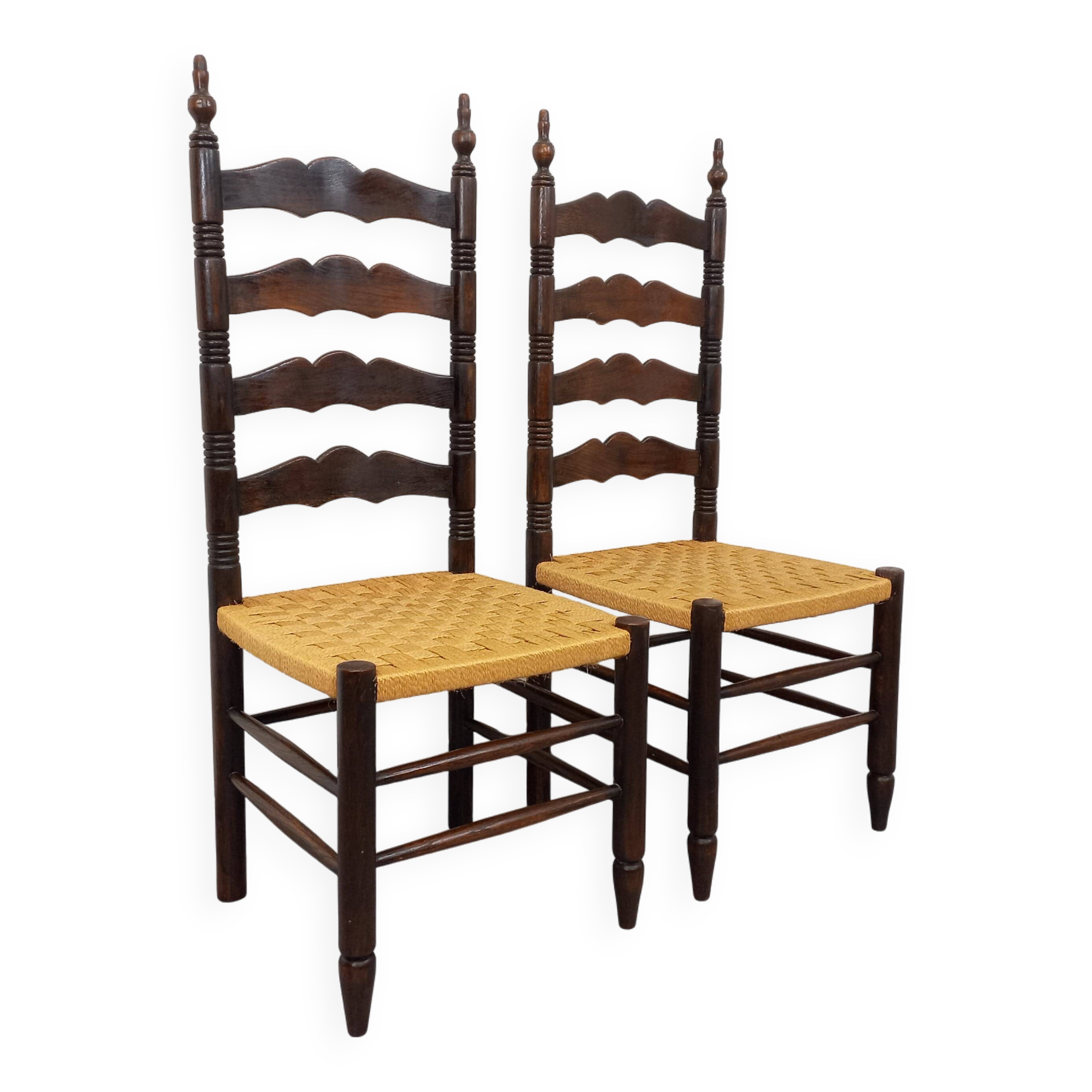 Pair of vintage Arts & Crafts chairs in the style of Antonio Calligaris in oak wood and rope from the 1970s.