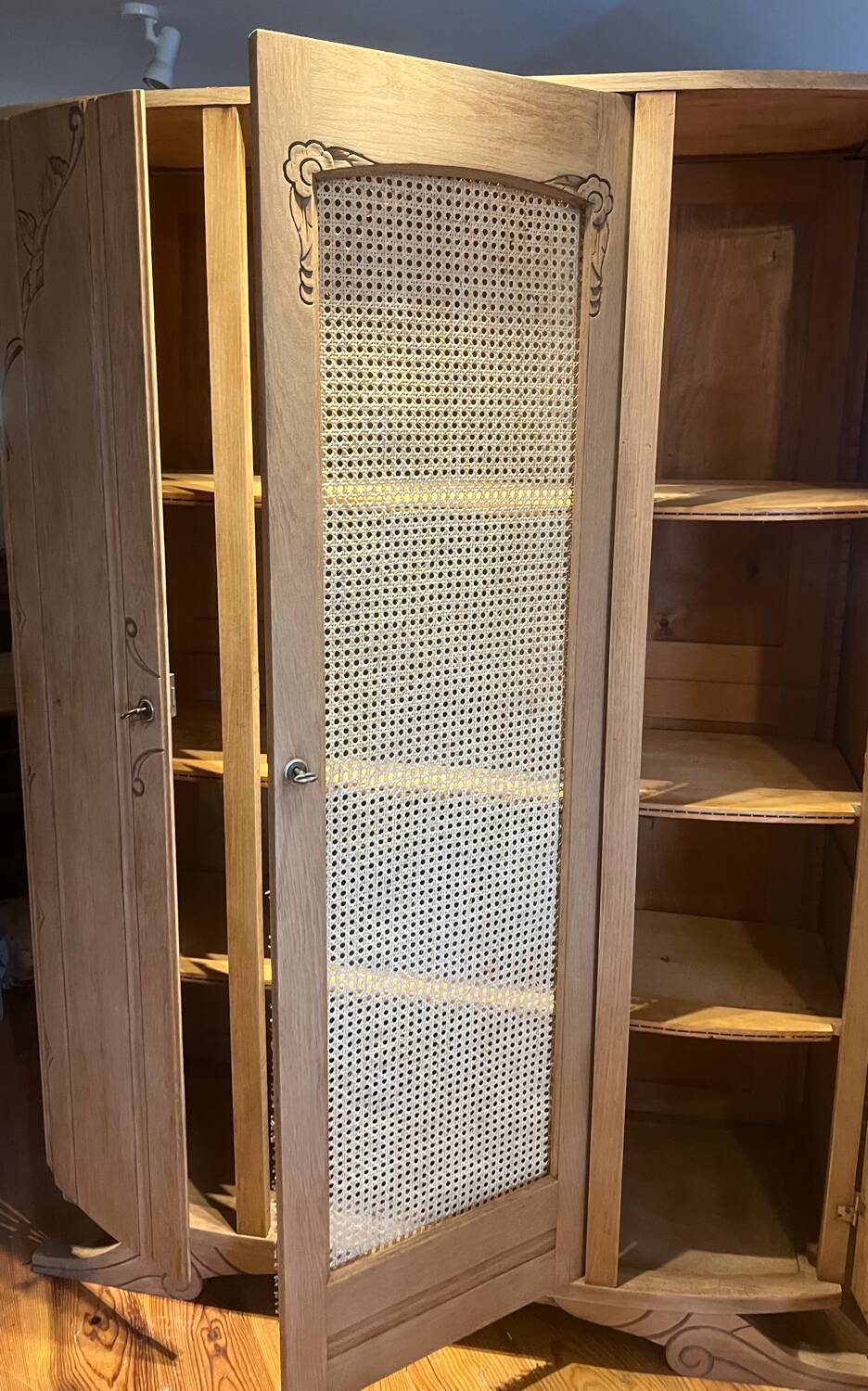 Antique solid oak wardrobe with caning.