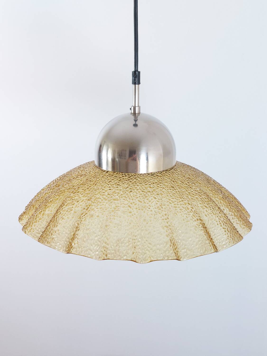 Vintage structured glass and metal pendant light 1980s