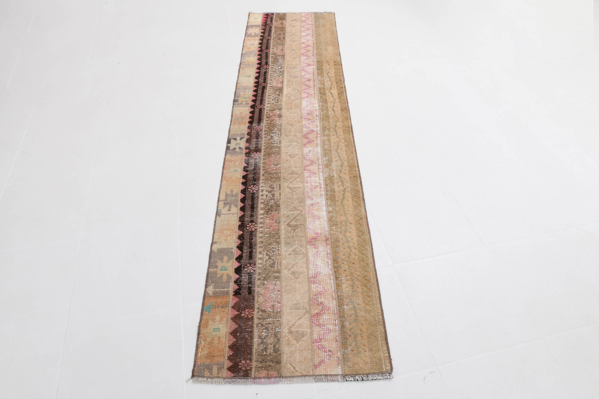 2x9 Brown Cream Persian Vintage Runner Rug, 65x265Cm