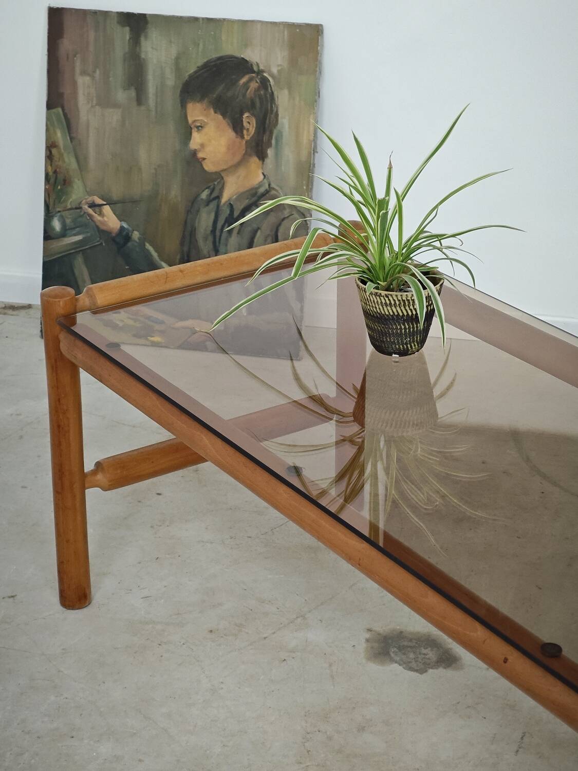 Table basse style chalet bois massif et verre  République Tchèque 1970
