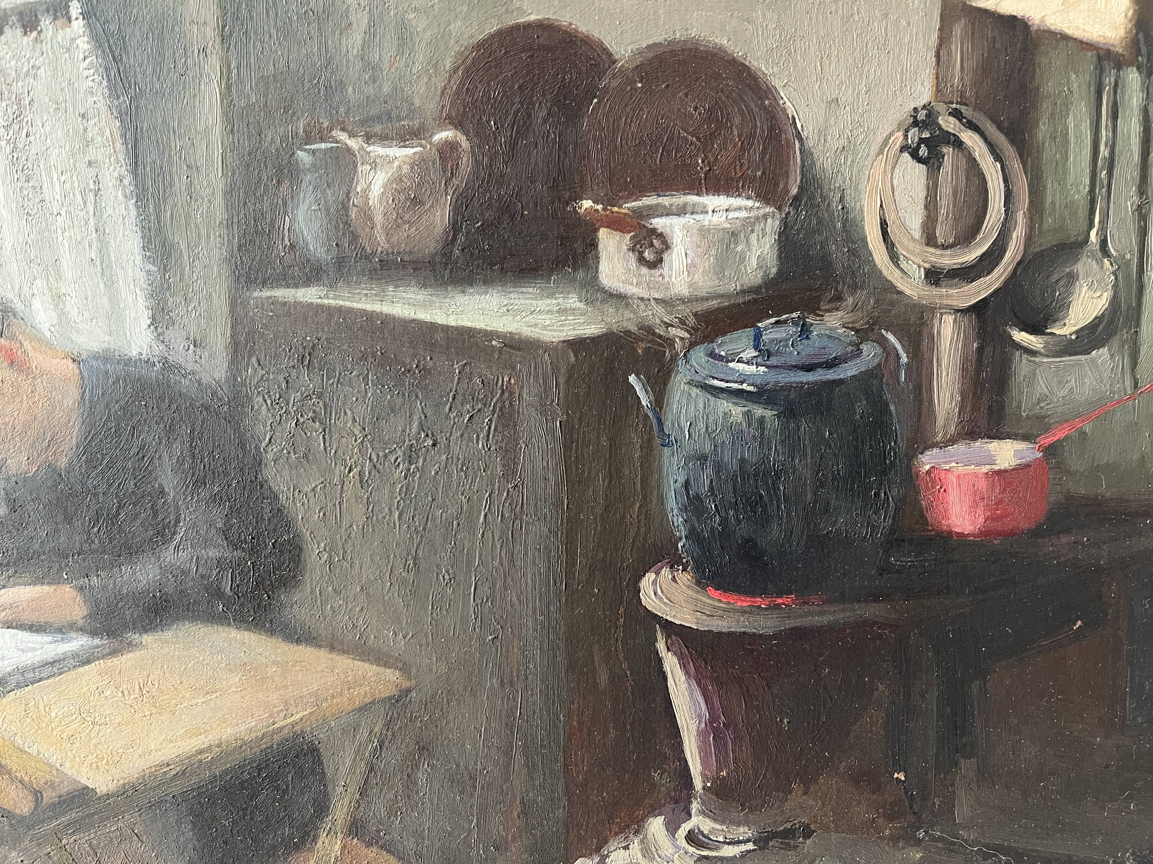 Oil painting of an interior scene 1940, portrait of children signed