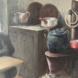 Oil painting of an interior scene 1940, portrait of children signed