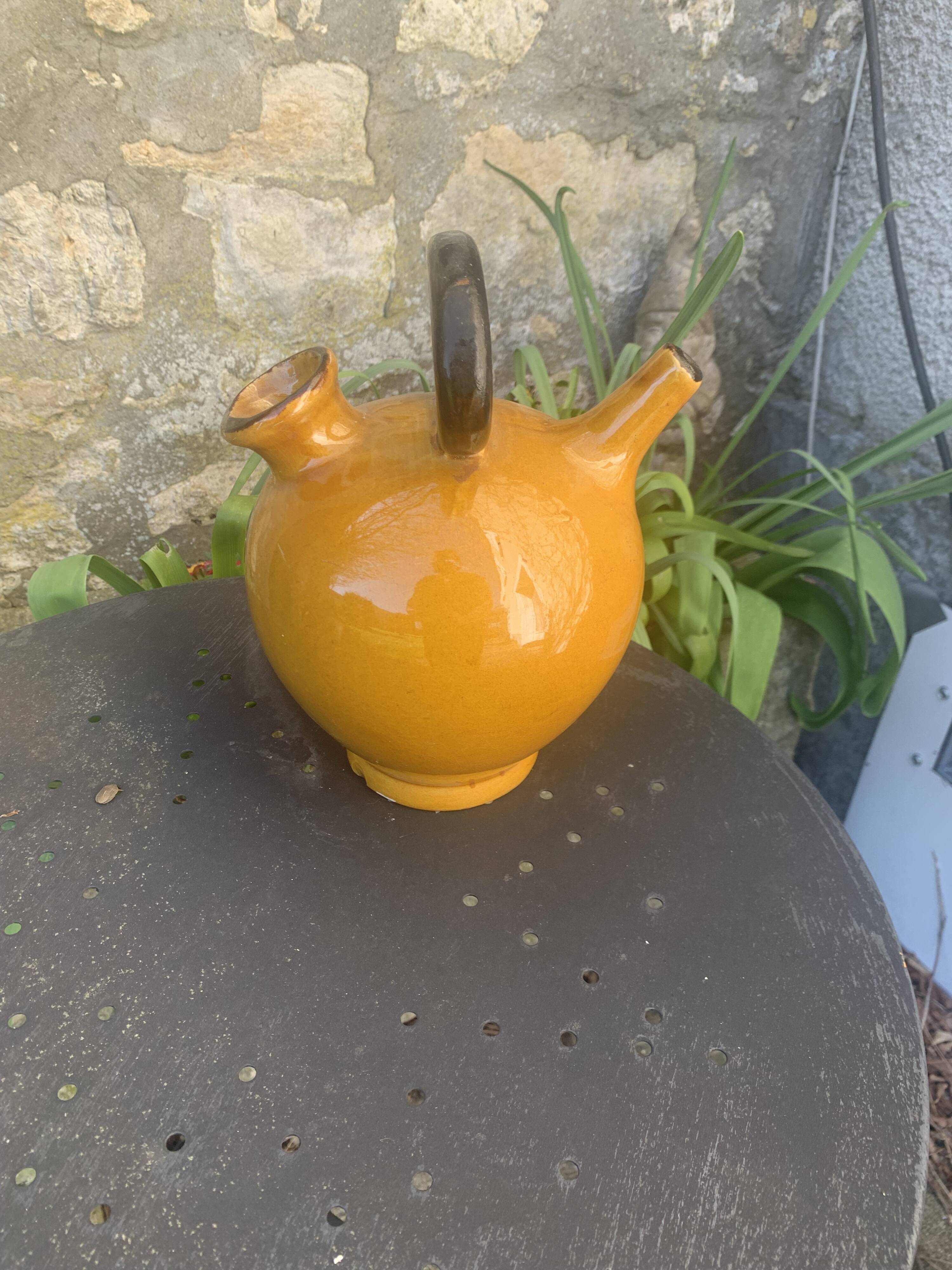 Gargoulette, Provençal jug in enamelled ceramic, vintage ochre color