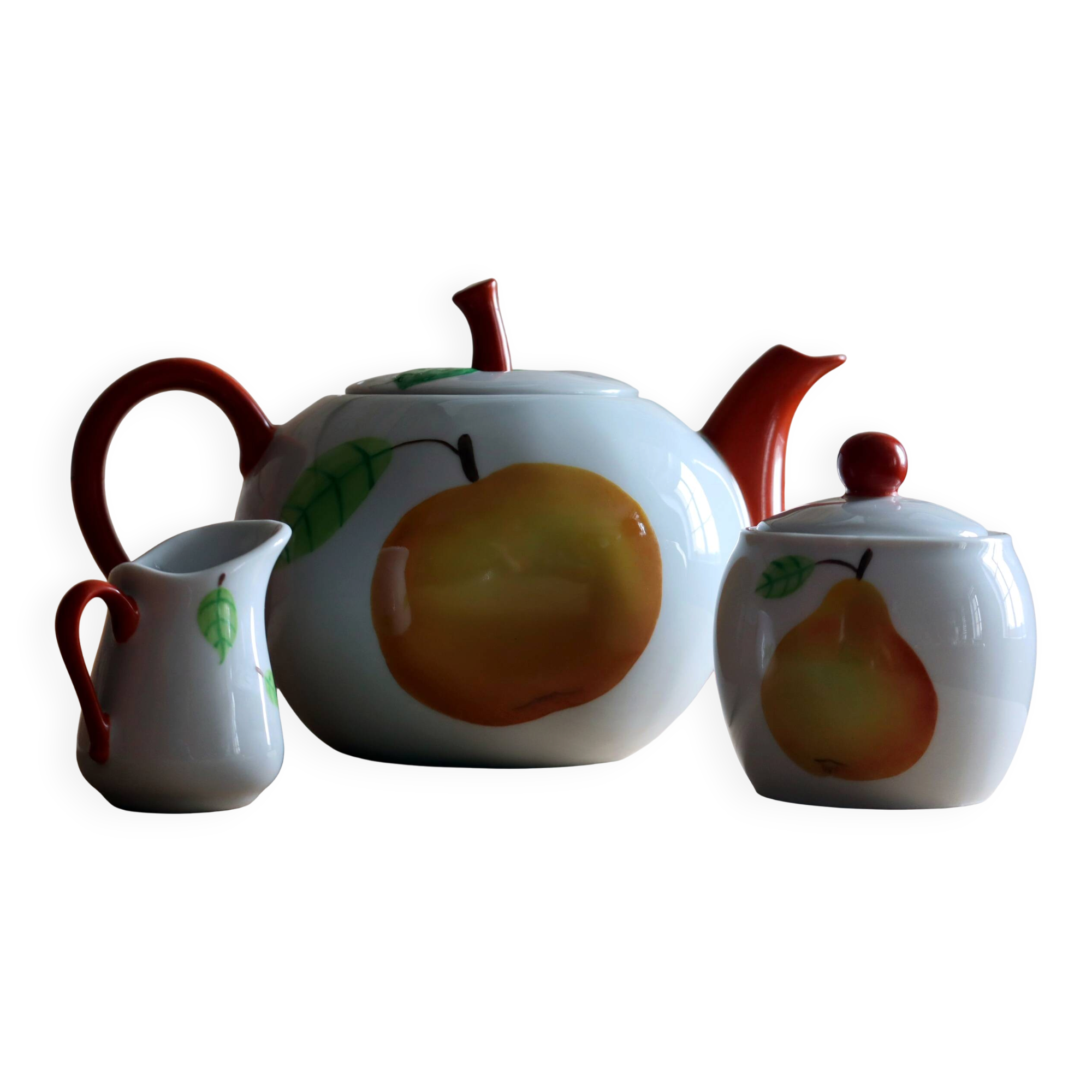 3-piece porcelain tea/coffee service Apilco - Hand-painted fruit design
