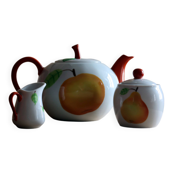 Service à thé/café 3 pièces en porcelaine Apilco - Décor fruits ''Peint Main
