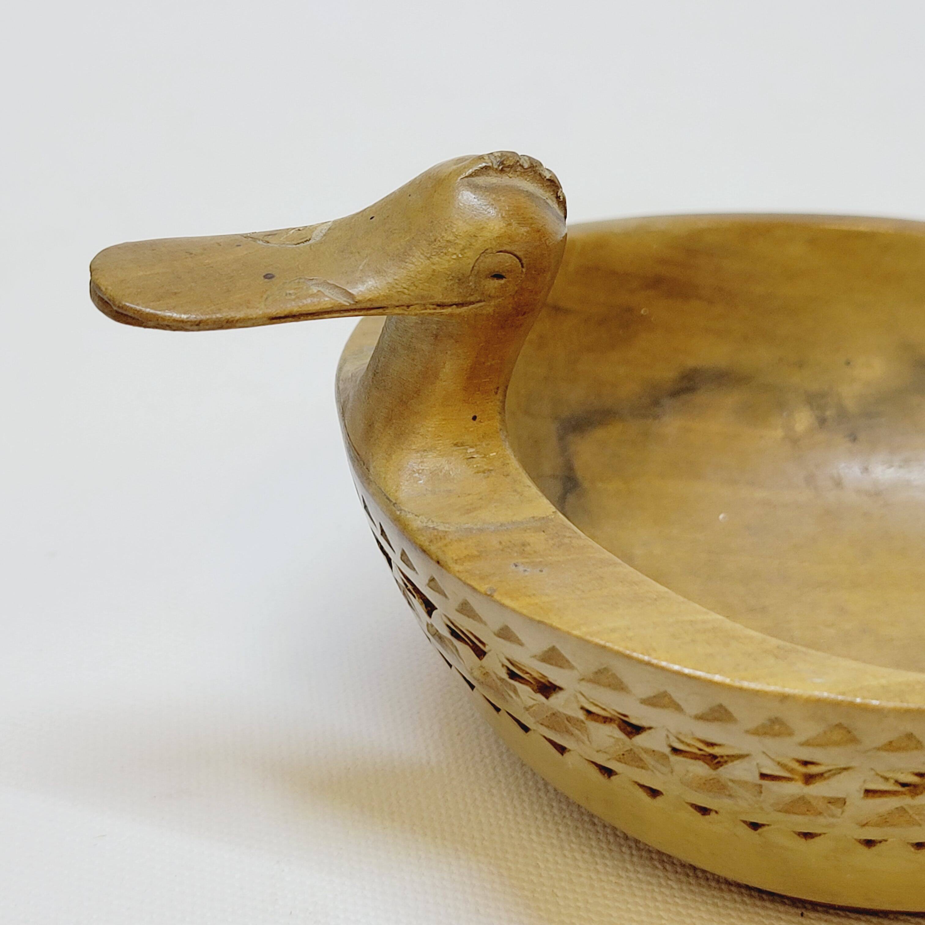 Scandinavian Duck Shaped Carved Wooden Bowl Folk Art