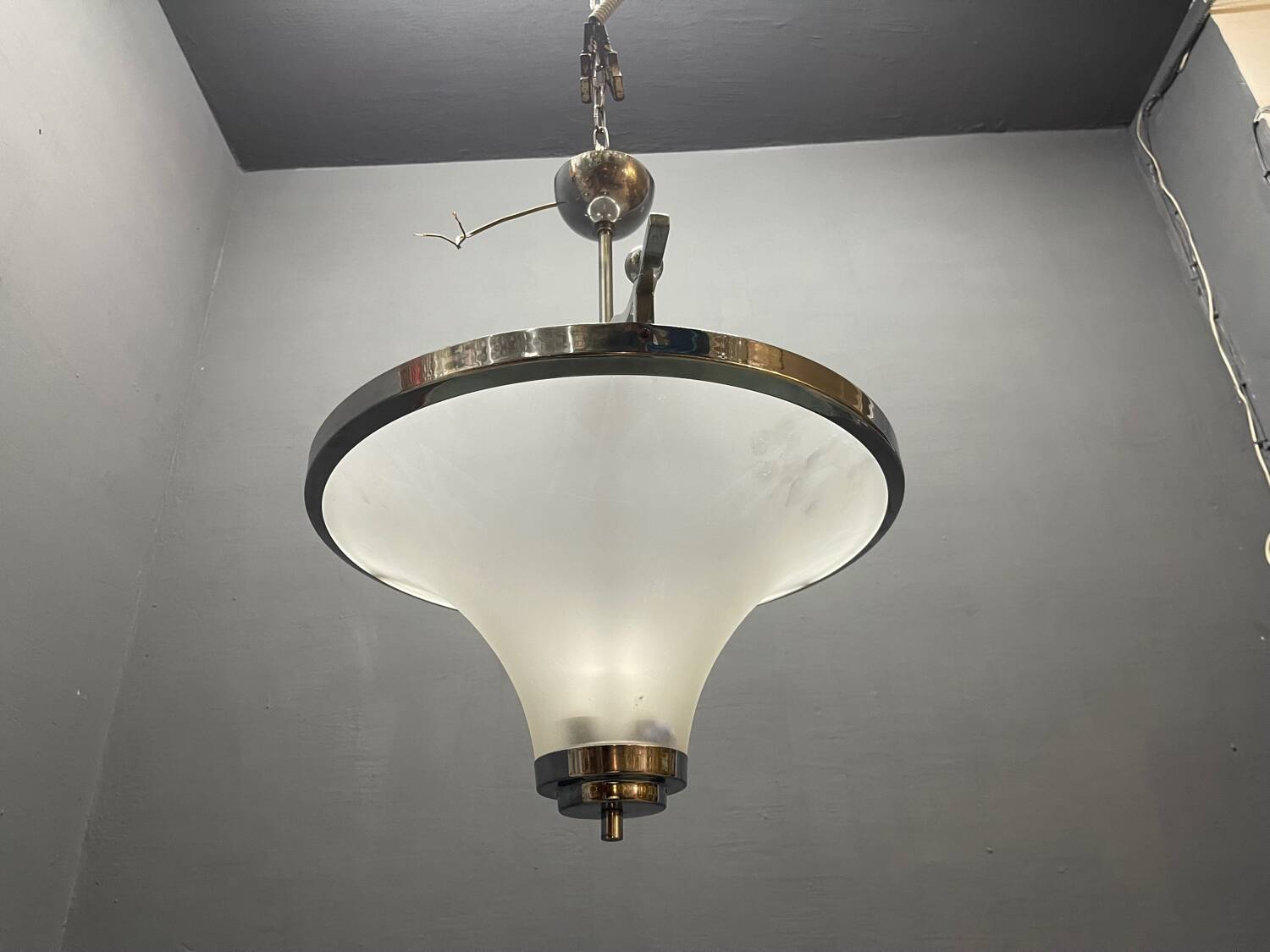 Art Deco Chrome and Murano Glass Pendant Light, Italy, 1950s