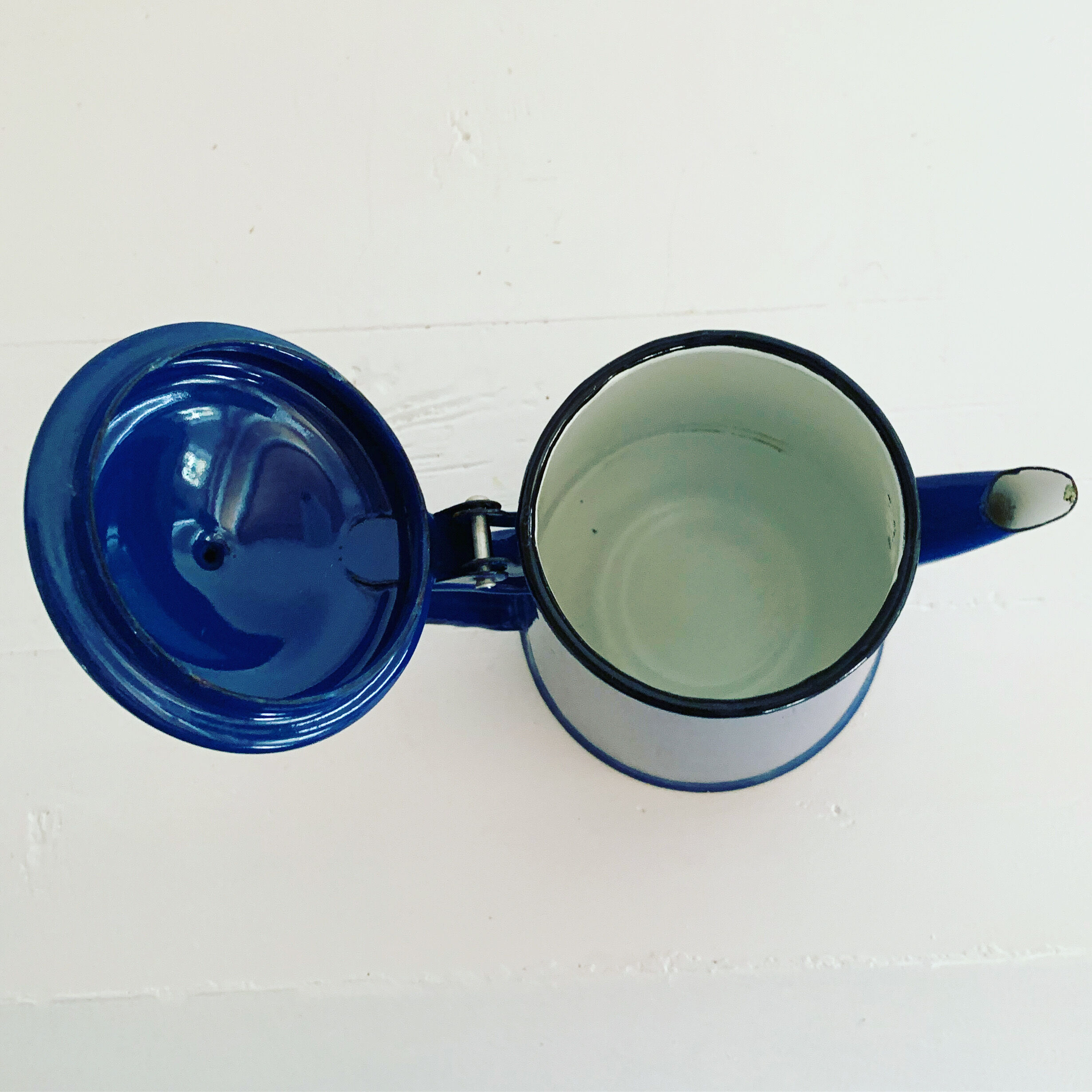 Vintage blue and black enamel coffee pot