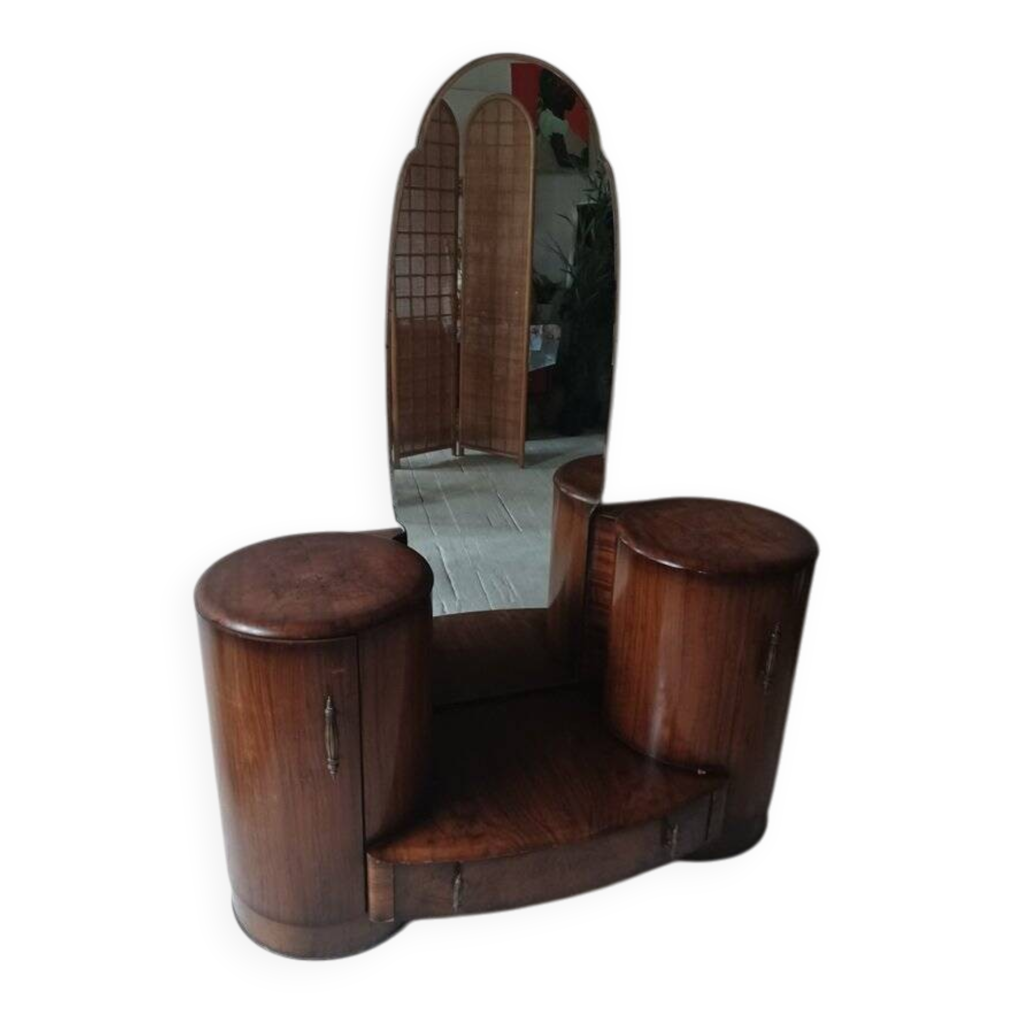 Art Deco brown wooden dressing table with mirror and side cabinets by Shrager Brothers (1930s)
