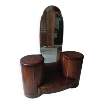 Art Deco brown wooden dressing table with mirror and side cabinets by Shrager Brothers (1930s)