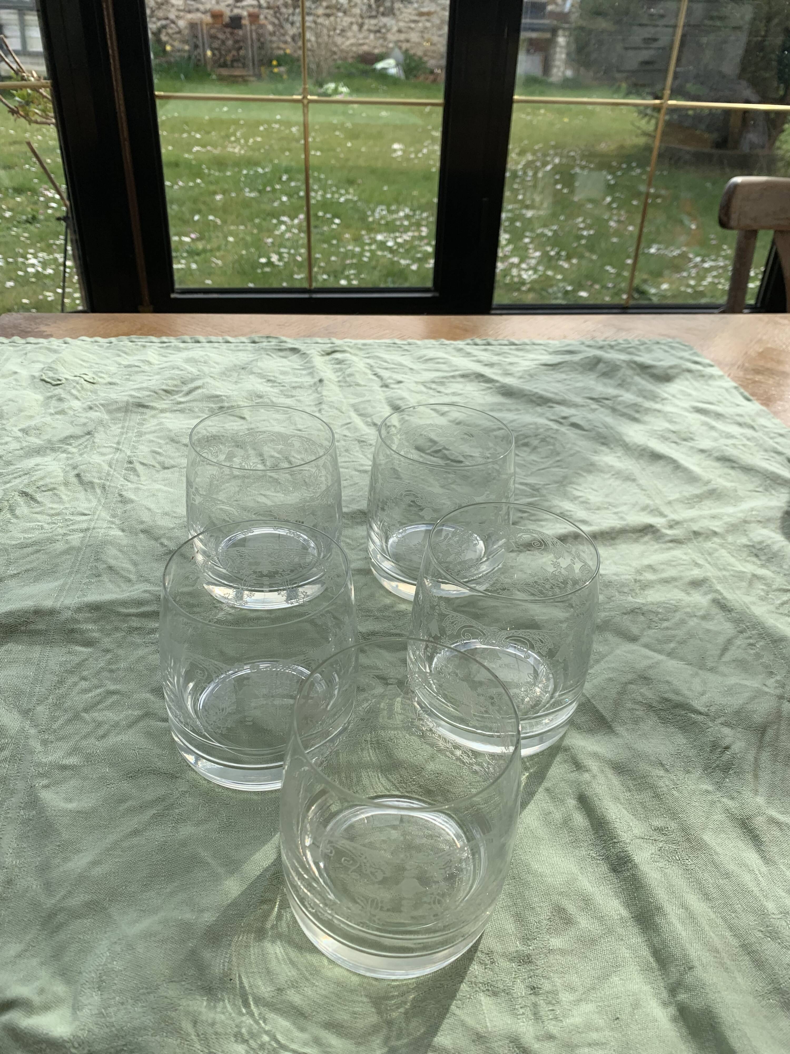 5 antique whiskey glasses, Easter frieze bells and vintage flowers