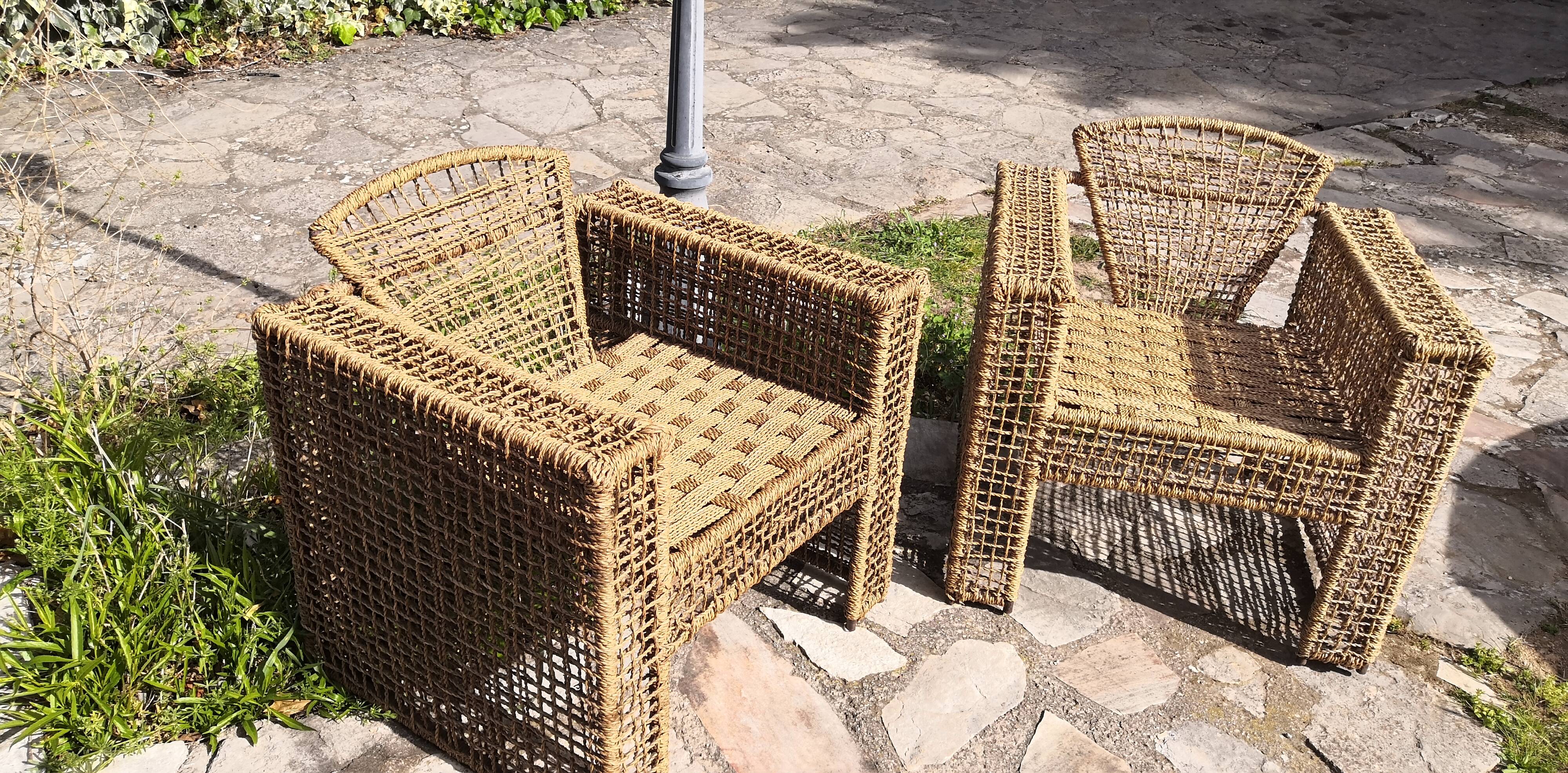 Armchair in metal and braided rope, 1980