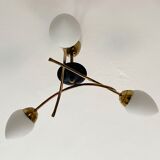 Chandelier 3 fires modernist metal and brass, 3 opalines 60s french design ceiling lamp suspension