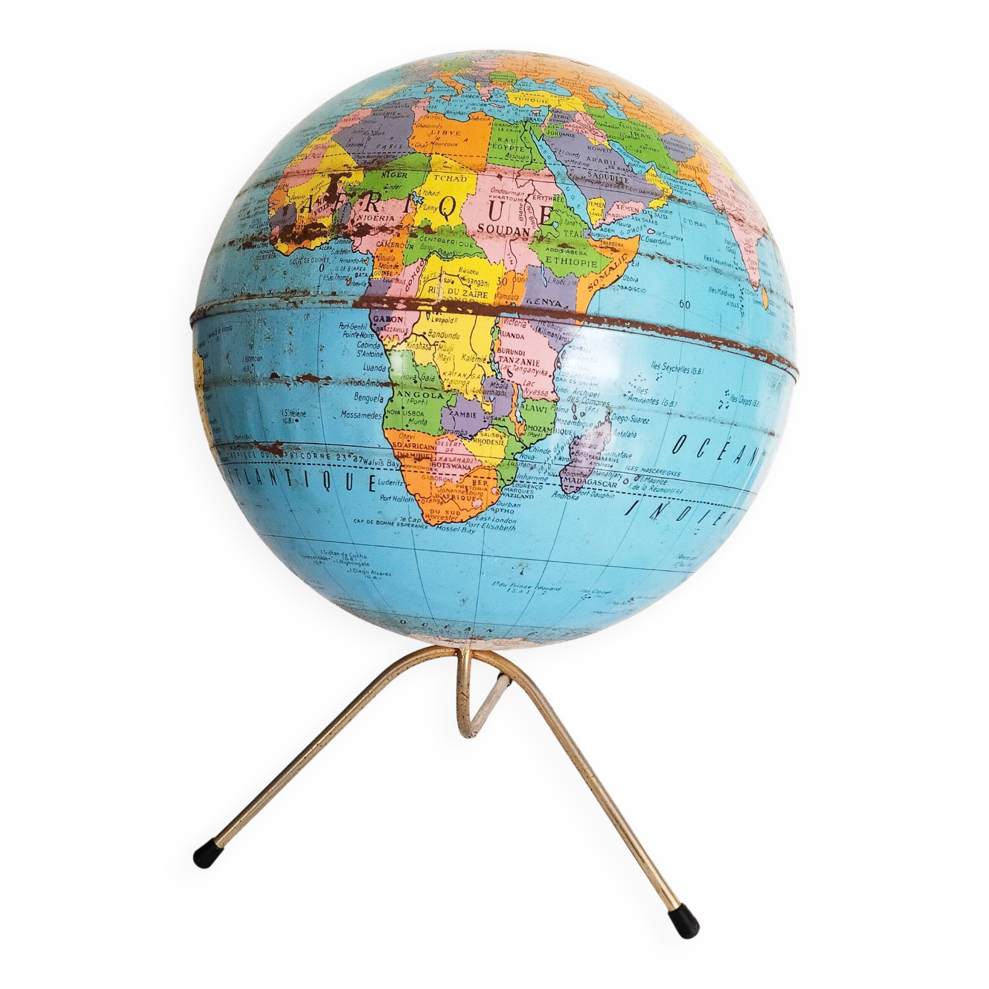 Metal terrestrial globe, Taride, tripod, 1960s