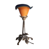 Lampe 1930  fer forge tulipe pâte de verre signee