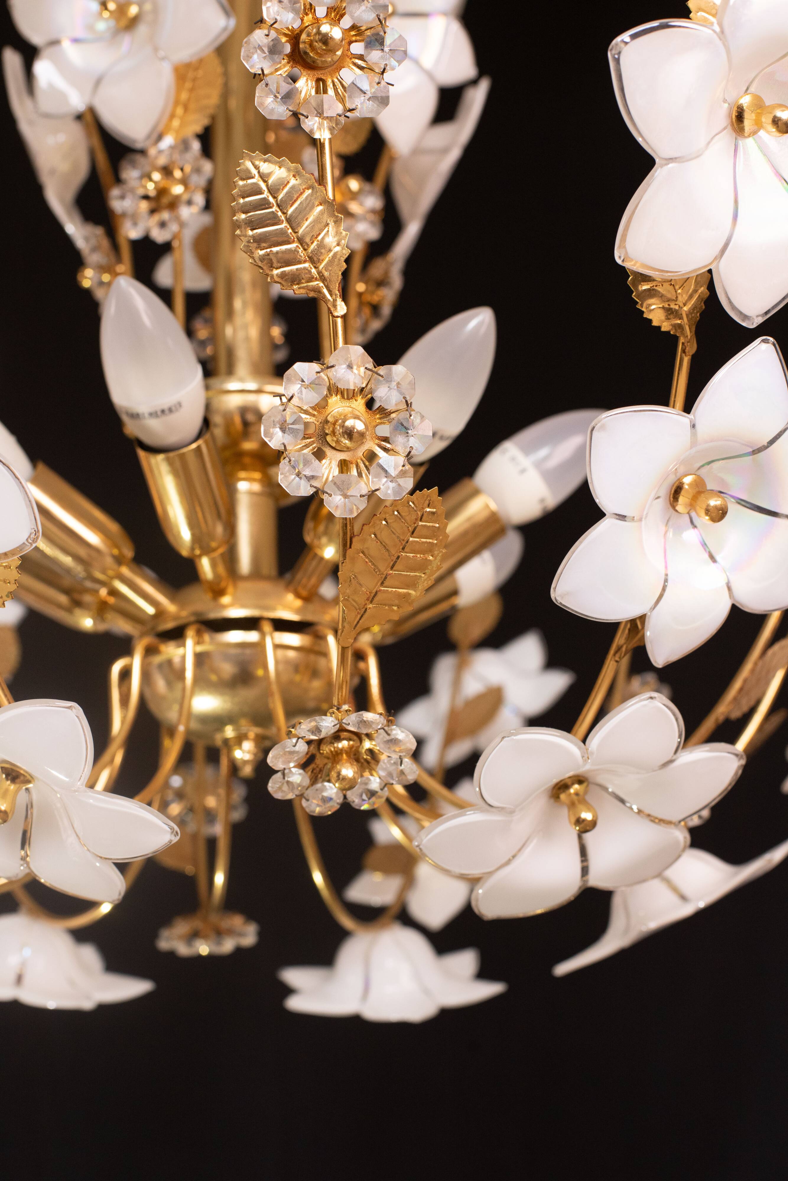 Large Size Vintage Murano Glass Chandelier White Flowers, 1970