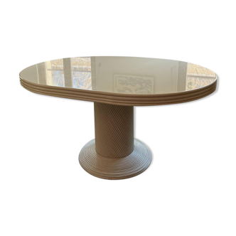 Vintage bamboo table - lacquered beige top, unique piece.