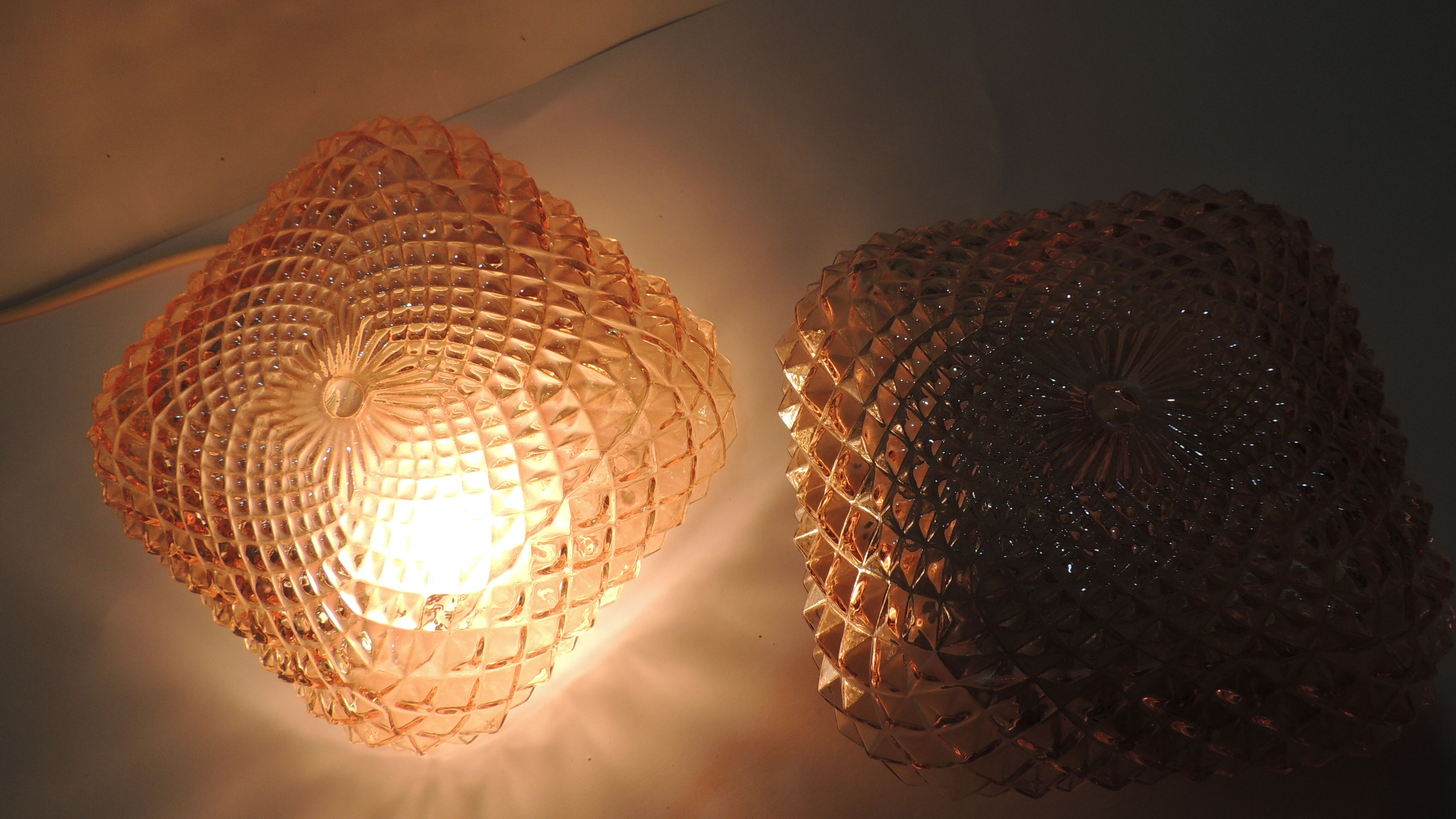 Vintage cast amber glass ceiling lamp spiked pattern for retro furniture from the 50s-60s