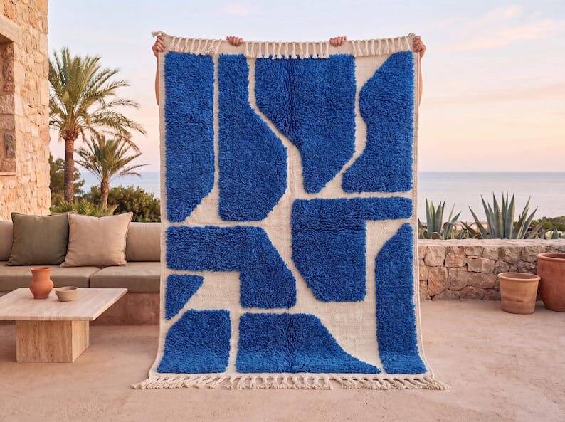 Authentic traditional white and blue Berber rug 2/3 m