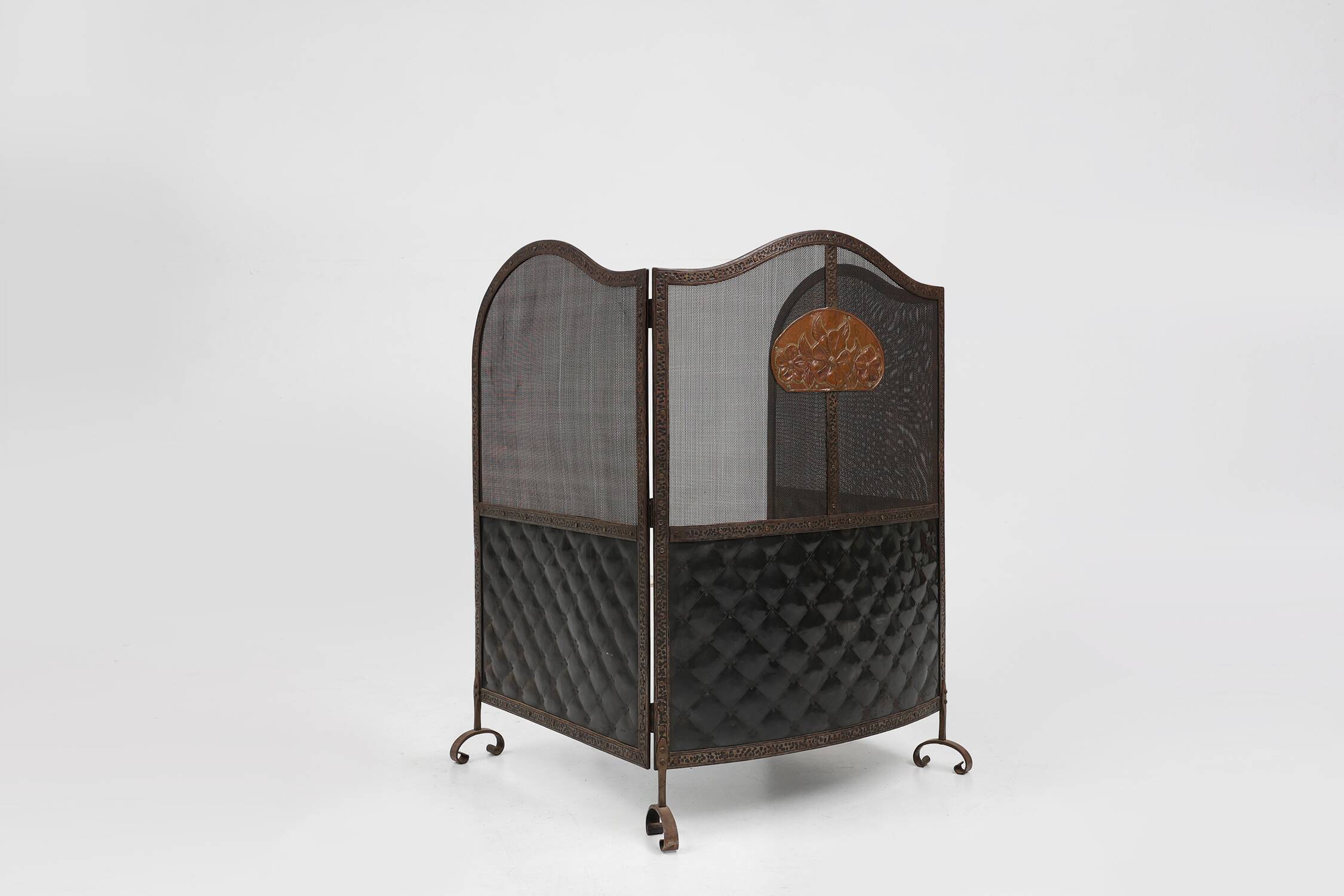 French Art Deco wrought iron fireplace screen with 3 panels