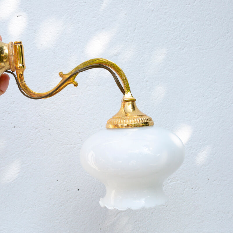 2 wall sconces golden metal gooseneck and opaline lampshade