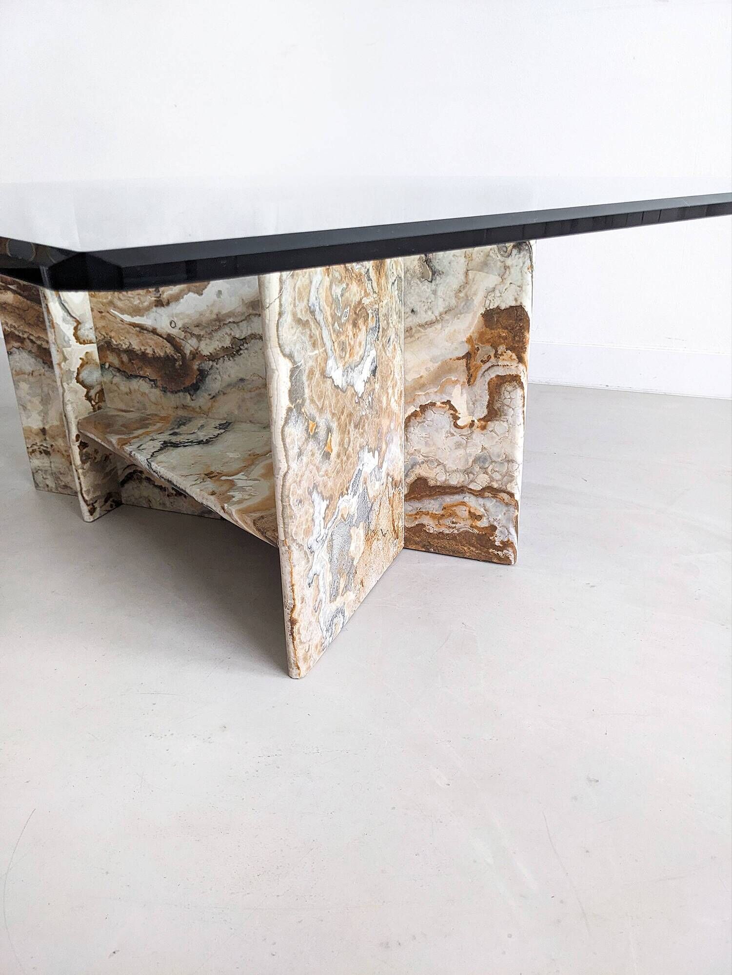 Italian marble coffee table with glass top 1970's