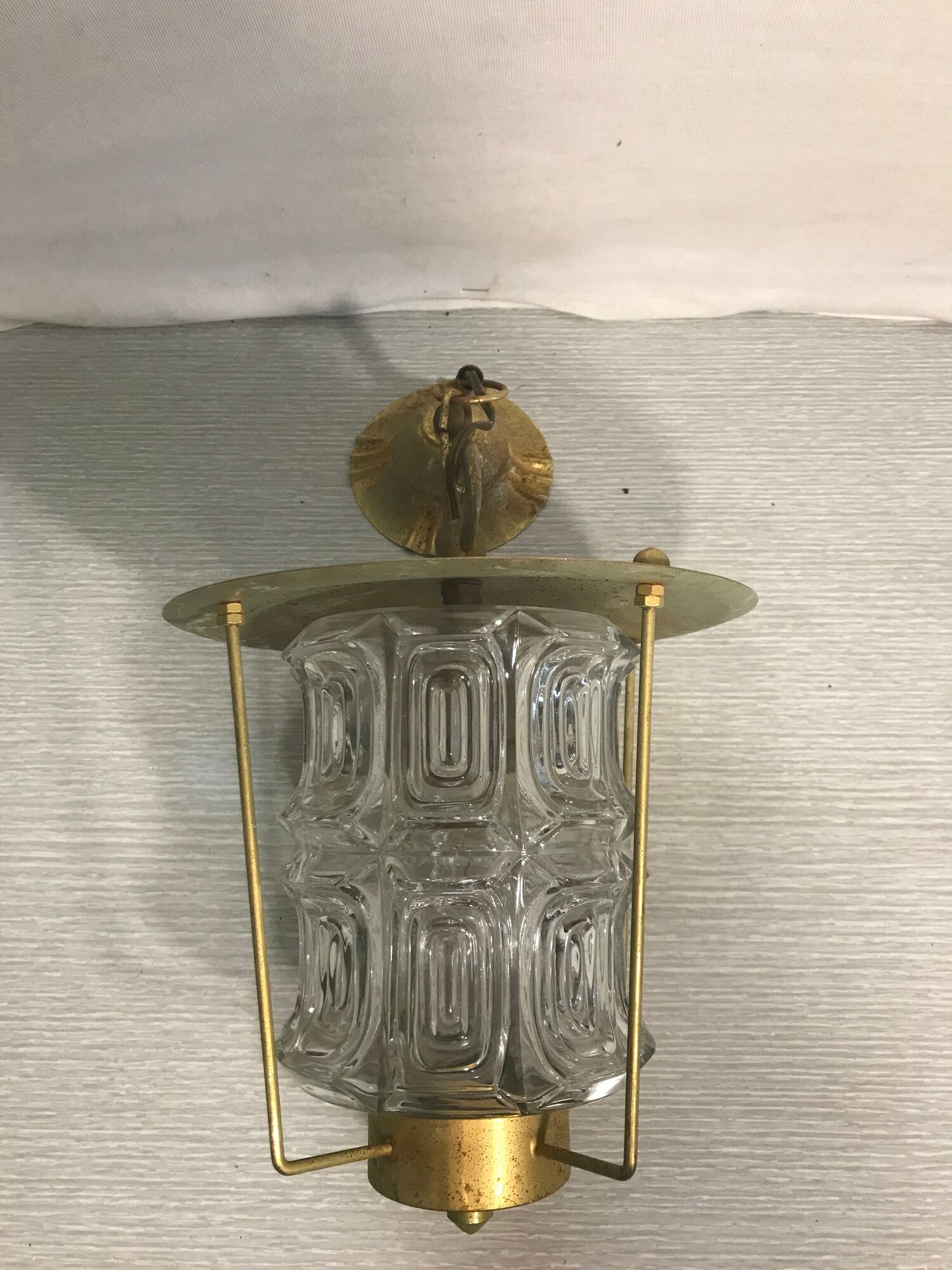 Old Lantern Golden Metal hanging Glass Molded Vintage 70years