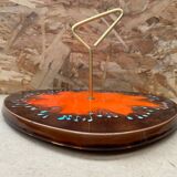 Antique multicolored ceramic cheese tray + vintage gold metal handle