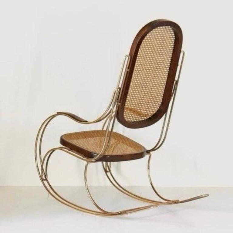 1970s Thonet-Style Rocking Chair, Brass & Wicker