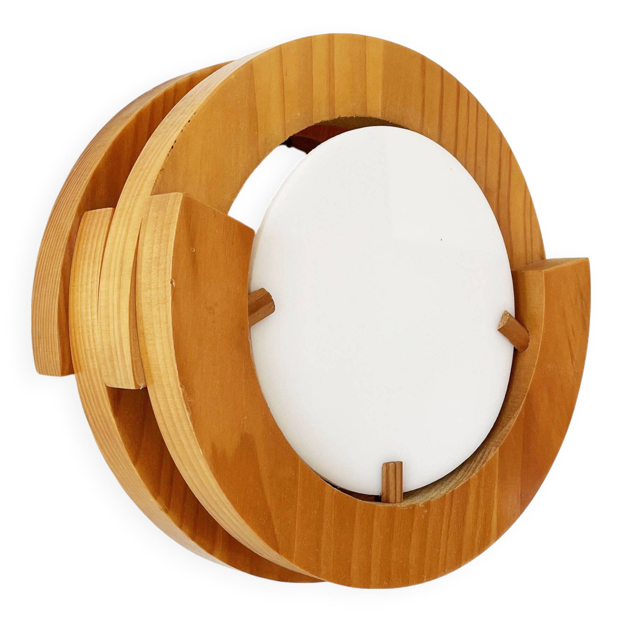 Round pine and plexiglass wall light, 1970s