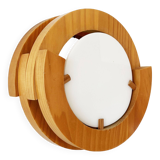Round pine and plexiglass wall light, 1970