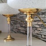 Pair of brass and Clichy glass lamps