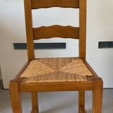 Solid oak farm table + 6 straw-seated oak chairs