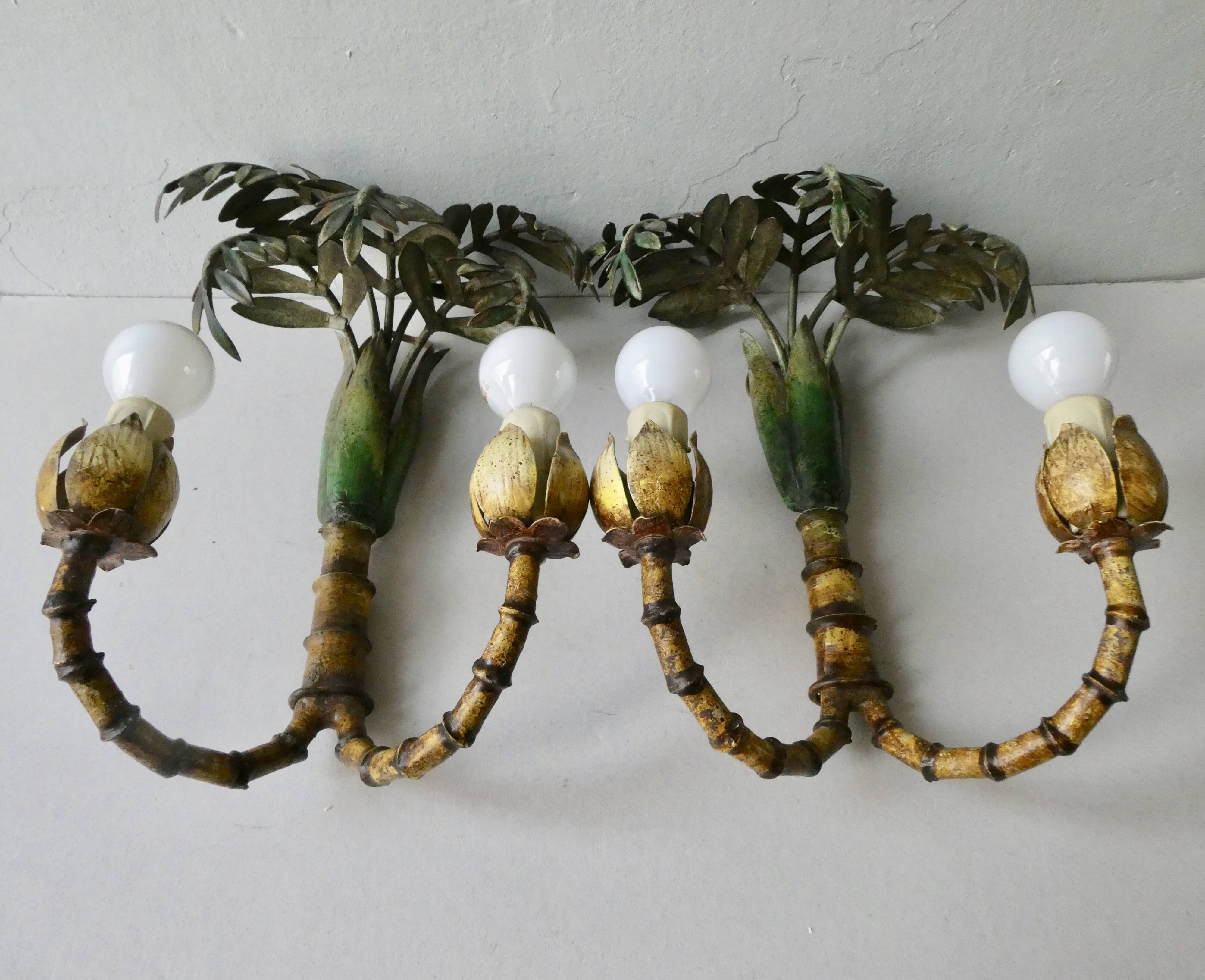Pair of bamboo and palm sconces in metal